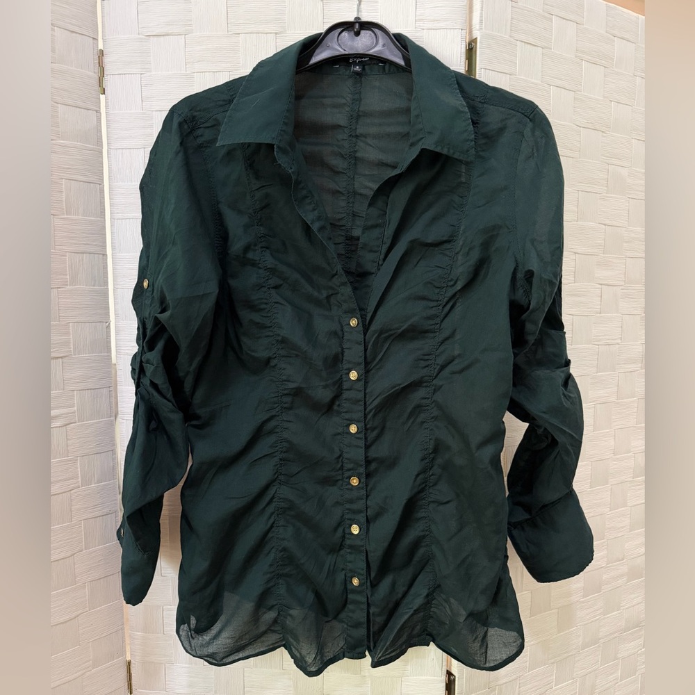 Express Dark Green Ruched Button-Down Long Sleeve Shirt